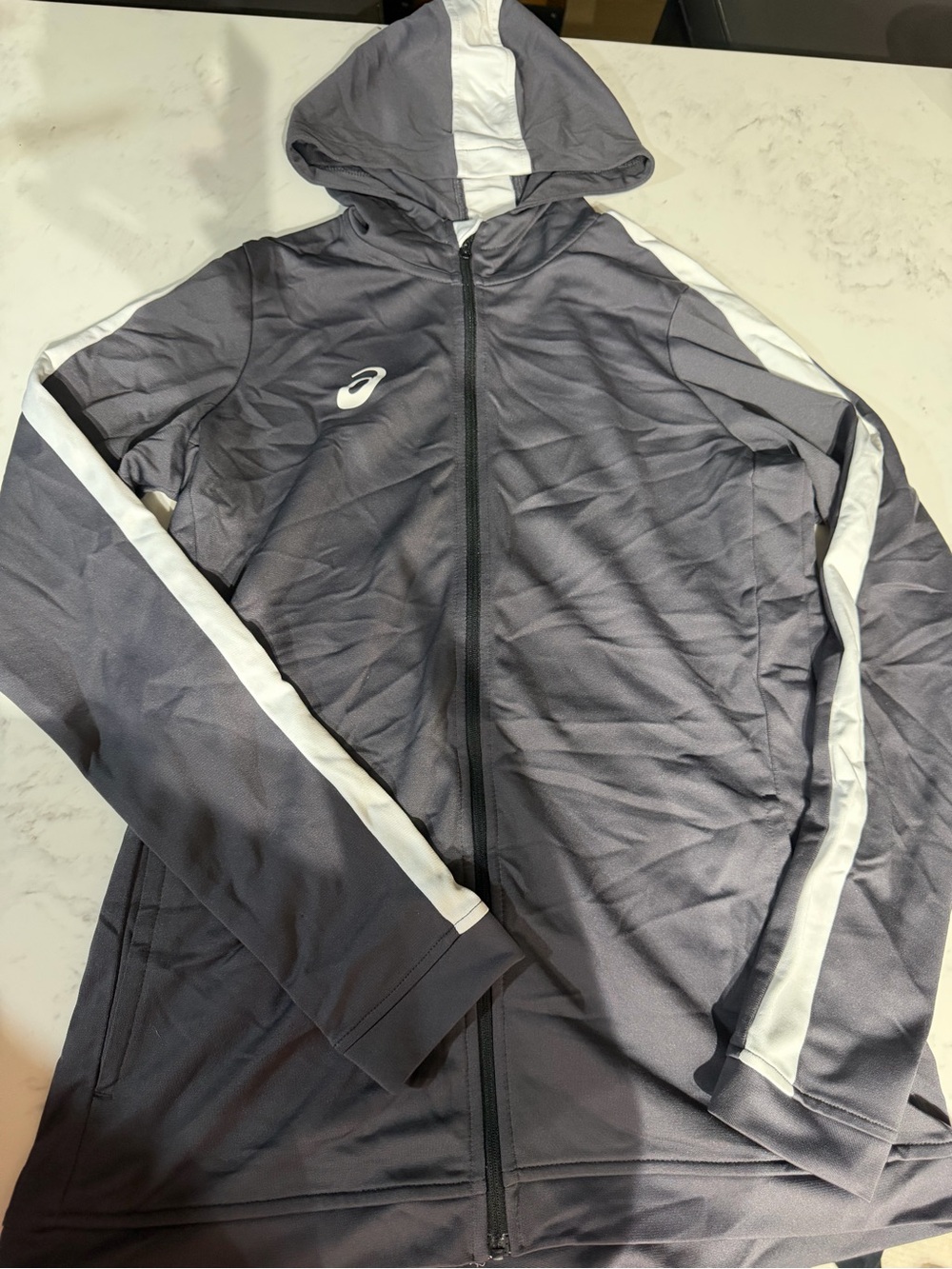 Asics Gray Hooded Performance Jacket with White Stripe
